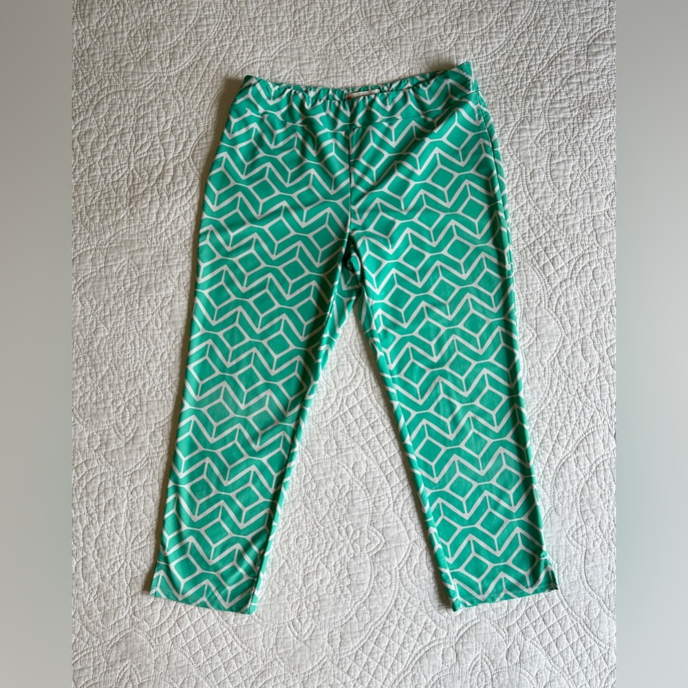 Jude Connally Lucia Capri Pants Women’s Size Large Teal Geo SkyElastic Waist USA